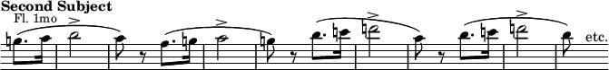 { \relative g'' { \override Score.TimeSignature #'stencil = ##f \time 2/4 \override Score.Clef #'stencil = ##f \override Score.KeySignature #'stencil = ##f \key e \major \tempo "Second Subject" \partial 4
g8.(^\markup \small "Fl. 1mo" a16 | b2-> a8) r fis8.( g16 |
a2-> g8) r b8.( c16 | d2-> | %end line 1
a8) r b8.( c16 | d2-> | b8) s^"etc." } }