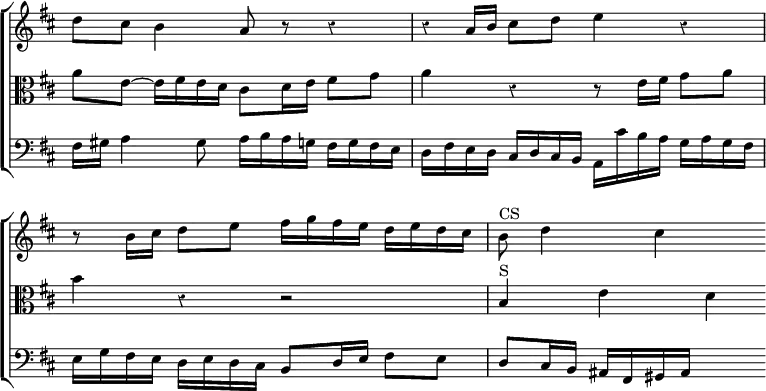 \new ChoirStaff << \override Score.BarNumber #'break-visibility = #'#(#f #f #f) \override Score.TimeSignature #'stencil = ##f \override Score.Rest #'style = #'classical
\new Staff \relative d'' { \key d \major \time 4/4
d8 cis b4 a8 r r4 | r4*1/2 a16 b cis8 d e4 r |
r8 b16 cis d8 e fis16 g fis e d e d cis | b8^"CS" d4 cis s8 }
\new Staff \relative a' { \clef alto \key d \major
a8 e ~ e16 fis e d cis8 d16 e fis8 g | a4 r r8 e16 fis g8 a |
b4 r r2 | b,4^"S" e d }
\new Staff \relative f { \clef bass \key d \major
fis16 gis a4 gis8 a16 b a g fis g fis e |
d fis e d cis d cis b a cis' b a g a g fis |
e g fis e d e d cis b8 d16 e fis8 e |
d8 cis16 b ais fis gis ais s4 } >>