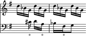 { \time 3/8 \override Score.TimeSignature #'stencil = ##f \override Score.TupletNumber #'stencil = ##f \override Score.TupletBracket #'bracket-visibility = ##f << \new Staff { \key g \major \partial 4 \relative d'' { \repeat unfold 4 { \times 2/3 { d16[ bes g] } } } }
\new Staff { \clef bass \key g \major \relative c' { \times 2/3 { s8 cis16_"*" } d[ a_"*"] | bes[ fis_"*" g8] } } >> }
