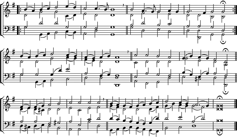 
\new ChoirStaff <<
  \new Staff { \clef treble \time 4/2 \key g \major \set Staff.midiInstrument = "church organ" \omit Staff.TimeSignature \set Score.tempoHideNote = ##t \override Score.BarNumber  #'transparent = ##t \override Staff.NoteHead.style = #'altdefault
  \relative c''
  << { \bar".|:" b4( a) b( c) d2 e4( d) | c2 4.( b8) b1 \breathe \bar"||"
       b2 a4.( g8) 2 a4 g | g2. fis4 g2 g \fermata \bar":|." \break
       b4( a) b( c) d2 c4( b) | a( g) a( b) a1 \breathe \bar"||"
       c2 c b a | g4( b) a( g) fis2 d \fermata \bar"||" \break
       fis4( e) fis( g) a2 b | c c c c \breathe \bar"||"
       b4( a) g( fis) g( a) b( c) | d2 c4( b) a2.( g4) | g \breve \fermata \bar"|." } \\
  { d2 g g c,4( d) | e2 d d1 | 2 fis g e | d d b b
    d d g a4( g) | fis( e) d2 1 | c2 d d d | g e d a
    d4( e) d( cis) d2 d | e c e fis | g4( fis) d2 d d4( fis) | g( b) a( g) g2( fis) | d \breve } >>
  }
\new Staff { \clef bass \key g \major \set Staff.midiInstrument = "church organ" \omit Staff.TimeSignature \override Staff.NoteHead.style = #'altdefault
  \relative c'
  << { g2 d' d g, | g fis g1 | b2 d b c | a a g d
       g g g4( d') e2 | a, fis4( g) fis1 | e2 a g fis | b4( g) e( a) a2 fis
       a a fis gis | a e c' d | d4( c) b( a ) g( fis) g( d') | d2 e a,( d) | b \breve } \\
  { g2 g,4( a) b2 c4( b) | a2 d g,1 | g'2 d e c | d d, g g \fermata
    g' g,4( a) b2 c | d d d,1 | a'2 fis g d' | e cis d d, \fermata
    d'4( cis) d( e) d2 b | a a a' d, | g,4( a) b( c) b( a) g( fis) | b2 c d1 | g, \breve \fermata } \\
        \tiny \stemDown \shiftOff { s1 s | s s | s s | s2 d' s1
        s s | s d | s s | s s2 d } >>
  } 
>>
\layout { indent = #0 }
\midi { \tempo 2 = 76 }
