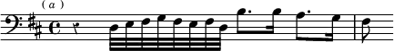 \relative d { \key d \major \clef bass \time 4/4 \override Score.Rest #'style = #'classical \mark \markup \tiny { ( \italic a ) } r4 d32 e fis g fis e fis d b'8. b16 a8. g16 | fis8 }