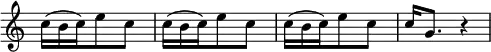 \relative c'' { \key c \major \time 3/8 \override Score.TimeSignature #'stencil = ##f \override TupletNumber #'stencil = ##f \override TupletBracket #'bracket-visibility = ##f \repeat unfold 3 { \times 2/3 { c16^( b c) } e8 c } c16 g8. r4*1/2 }