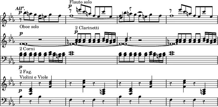 << \new Staff { \override Score.Rest #'style = #'classical \override Score.TimeSignature #'stencil = ##f \time 4/4 \key c \minor \tempo \markup { \italic { \concat { All \super o . } } } << \new Voice \relative e''' { \stemUp R1 r8^"Flauto solo"^\p e c a f ees c' ees, | d4 r r2 | r8 ees'8 c a f ees c' ees, }
\new Voice \relative b'' { \stemDown r8_"Oboe solo"^\p bes a g f e g f | f1 _~ | f8 bes a g f e g f | f1 ~ } >> }
\new Staff { \key c \minor << \new Voice \relative f' { f1_"2 Corni"^\p ~ f ~ f ~ f }
\new Voice \relative f' { f1 ~ f ~ f ~ f }
\new Voice \relative a' { \stemUp R1 <a c>8^"2 Clarinetti"^\p q q q q q <bes d>16 <a c> <bes g> <a c> | <bes d>4 r r2 | <a c>8 q q q q q <bes d>16 <a c> <bes g> <a c> } >> }
\new Staff { \clef bass \key c \minor \relative b { <bes d>8\p_"2 Fag." q q q q q <c ees>16 <bes d> <c a> <bes d> | <c ees>1 | <bes d>8 q q q q q <c ees>16 <bes d> <c a> <bes d> | <c ees>1 } }
\new Staff { \key c \minor \relative d' { r4\p^"Violini e Viole" <d bes f> r <f bes d> | r <f c' ees> r <c a f> | r <d bes f> r <f bes d> | r <f c' ees> r <c a f> } }
\new Staff { \clef bass \key c \minor \repeat unfold 2 { bes4 r bes r | f r f r } } >>