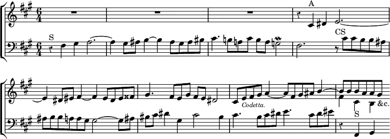 \new ChoirStaff << \override Score.Rest #'style = #'classical \override Score.BarNumber #'break-visibility = #'#(#f #f #f)
\new Staff \relative c' { \key fis \minor \time 6/4 R1.*3
r4 cis^"A" dis e2. ~ | e4 dis8 eis fis4 ~ fis eis8 dis eis fisis |
gis4. fis8 e gis fis e dis2 |
cis8 e_\markup \tiny \italic "Codetta." fis gis a4 ~
a8 fis gis ais << { b4 ~ b8 b b a a gis_"&c." } \\
{ s4 fis cis b } >> }
\new Staff \relative f { \clef bass \key fis \minor
r4^"S" fis gis a2. ~ | a4 gis8 ais b4 ~ b ais8 gis ais bis |
cis4. b!8 a! cis b a g2\mordent |
fis2. r8^"CS" cis' cis b b ais |
ais b b a a gis gis2 ~ gis8 ais | bis cis dis4 gis, cis2 bis4 |
cis4. b8 cis dis e4. cis8 dis eis | r4 fis,,^"S" gis } >>