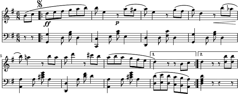 { \time 6/8 \key g \major \partial 4 \override Score.Rest #'style = #'classical << \relative b' { b8\( c \mark \markup { \smaller \musicglyph #"scripts.segno" } \repeat volta 2 { d\ff e fis g a b\) | b e,4 r8\p a\( gis | a\) e4 r8 g\( fis | g\) d4 r8\< b'\( aes | b\)\! a!4 r8 b a | a d4 r8 cis b a\( b a g fis e | }
\alternative { { d4\) r8 r b( c } { d4\) r8 r <d b'> q | } } }
\new Staff { \clef bass \key g \major \relative g { r8 r \repeat volta 2 { <g g,>4 d8 <g b> d4 | <c c,> e8 <a c> e4 | <d d,> d8 <fis c'> d4 | <g g,> d8 <g b> d4 | <a' a,> a8 <cis e g> a4 | <d, d,>4 a'8 <d fis> d4 | <a a,> a8 <cis e g> a4 | }
\alternative { { <d d,>8\( <e e,> <d d,> <c c,> <b b,> <a a,>\) } { <d a fis d>4 r8 r4 r8 | } } } } >> }