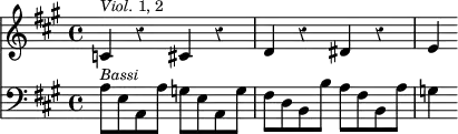 { \override Score.Rest #'style = #'classical \time 4/4 \key a \major << \relative c' { c4^\markup { \smaller { \italic Viol. 1, 2 } } r cis r | d r dis r | e }
\new Staff { \clef bass \key a \major \relative a { a8^\markup { \smaller \italic Bassi } e a, a' g e a, g' | fis d b b' a fis b, a' | g4 } } >> }