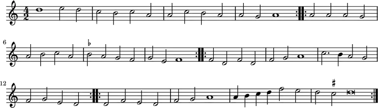 { \time 4/2 \relative d'' { \set suggestAccidentals = ##t \repeat volta 2 { d1 e2 d | c b c a | a c b a | a g a1 } \repeat volta 2 { a2 a a g | a b c a | bes a g f | g e f1 } \repeat volta 2 { f2 d f d | f g a1 | c2. b4 a2 g | f g e d } \repeat volta 2 { d f e d | f g a1 | a4 b c d f2 e | d cis d\breve*1/2 } } }