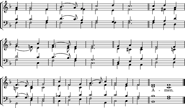 \new ChoirStaff <<
\new Staff { \clef treble \time 3/4 \key f \major \partial 1 \set Staff.midiInstrument = "church organ" \omit Staff.TimeSignature \set Score.tempoHideNote = ##t \override Score.BarNumber #'transparent = ##t
\relative c''
<< { a4 | a2 f4 | bes4.( a8) g4 | c2 d4 | c2. \bar"||" c4 d a | \break
bes2 c4 | a4.( g8) f4 | g2. \bar"||" g4 a e | f2 f4 | \break
f4.( e8) d4 | g2 \bar"||" c4 | f,2 g4 | a4.( bes8) c4 | a2 g4 | \time 2/4 f2 \bar"||"
\time 4/2 f1 f \bar"|." } \\
{ f4 | f2 f4 | f2 f4 | f2 e4 | f2. | f4 fis fis |
g4.( f!8) e4 | f4. e8 d4 | e2. | d4 cis cis | d2 c!4 |
b2 b4 | c2 e4 | f2 c4 | f2 f4 | f2 e4 | f2 | d1 c1 } >>
}
\addlyrics {_ _ _ _ _ _ _ _ _ _ _ _ _ _ _ _ _ _ _
_ _ _ _ _ _ _ _ _ _ _ _ _ _ _ _ _ _ A -- men.}
\new Staff { \clef bass \key f \major \set Staff.midiInstrument = "church organ" \omit Staff.TimeSignature
\relative c'
<< { c4 | c2 a4 | d4.( c8) bes4 | a2 g4 | a2. | a4 a d |
d2 c4 | c4.( bes8) a4 | g2. | d4 e a | a2 a4 |
a4.( g8) f4 | e2 bes'!4 | a2 c4 | c2 c4 | c2 bes4 | a2 | bes1 a1 } \\
{ f4 | f2 f4 | f2 | f4 | f2 f4 | f2. | f4 d d |
g2 c,4 | f2 f4 | c2. | bes4 a a | d2 d4 |
g,2 d'4 | c2 c4 | d2 e4 | f2 a,4 | c2 c4 | f2 | bes,1 f' } >>
}
>>
\layout { indent = #0 }
\midi { \tempo 4 = 112 }