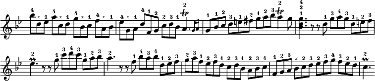 \relative b'' { \key bes \major \time 12/8 \override Score.TimeSignature #'stencil = ##f \omit Score.BarNumber \override Script.script-priority = #-100 \set strokeFingerOrientations = #'(up) \set fingeringOrientations = #'(up) \set Staff.midiInstrument = #"clav"
bes8-4 d,\rightHandFinger #5 ees-1
a-4 c,\rightHandFinger #5 d-1
g-4 bes,\rightHandFinger #5 c-1
f-4 a,\rightHandFinger #5 bes-1 |
ees-4 g,\rightHandFinger #5 a-1
d-4 f,-1 g-2 c-2 d-3 bes-1 \afterGrace a4.-2\trill { g16 a } |
g8-1 bes-1 c-2 d-3 e-1 fis-2 g-1 a-2 bes-3 a4-2\trill g8 |
<g-4 d-2 bes-1>4. r8 r d-1 g-3 a-4 g-3 d-1 e-2 f-3 |
ees4.-2\prall r8 r g-1 c-3 d-4 c-3 g-1 a-2 bes-3 |
a4.-2 r8 r f-1 bes-4 a-3 bes-4 d,-1 ees-2 f-3 |
g-2 a-3 f-1 ees-2 f-3 d-1 c-2 d-3 bes-1 a-2 bes-3 c-4 |
f,-1 g-2 a-3 bes\rightHandFinger #5 c-2 d-3
ees-2 f-3 g-4 f-3 ees-2 d-1 |
c4.-2\prall }