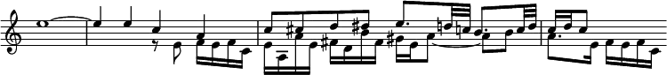 { \override Score.TimeSignature #'stencil = ##f \relative e'' << { e1 ~ e4 e c a c8 cis d dis e8. d32 c b8. c32 d c16 d c8 } \\ { s1 s2 r8 e, f16 e f c e a, a' e fis d b' fis gis e a8 ~ a b a8. e16 f e f c } >> }