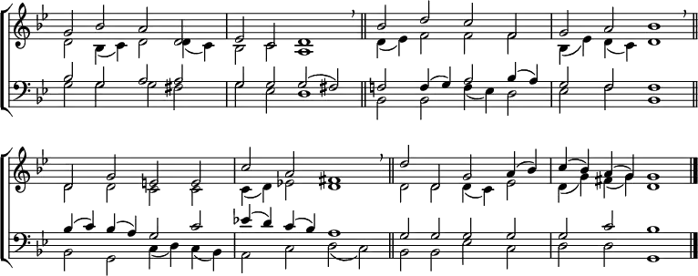 
\new ChoirStaff <<
  \new Staff { \clef treble \time 4/2 \key g \minor \set Staff.midiInstrument = "church organ" \omit Staff.TimeSignature \set Score.tempoHideNote = ##t \override Score.BarNumber  #'transparent = ##t 
  \relative c''
  << { g2 bes a d, | es c d1 \breathe \bar"||" bes'2 d c f, | g a bes1 \breathe \bar"||" \break
       d,2 g e e | c' a fis1 \breathe \bar"||" d'2 d, g a4( bes) | c( bes) a( g) g1 \bar"|." } \\
  { d2 bes4( c) d2 d4( c) | bes2 c a1 | d4( es) f2 f f | bes,4( es) d( c) d1 |
    d2 d c c | c4( d) es!2 d1 | d2 d d4( c) es2 | d4( g) fis( g) d1 } >>
  } 
\new Staff { \clef bass \key g \minor \set Staff.midiInstrument = "church organ" \omit Staff.TimeSignature \override Staff.NoteHead.style = #'altdefault
  \relative c'
  << { bes2 g a a | g g g( fis) | f! f4( g) a2 bes4( a) | g2 f f1 | 
       bes4( c) bes( a) g2 c | es!4( d) c( bes) a1 | g2 g g g | g c bes1 } \\
  { g2 g g fis | g es d1 | bes2 bes f'4( es) d2 | es f bes,1 |
    bes2 g c4( d) c( bes) | a2 c d( c) | bes bes es c | d d g,1 } >>
  } 
>>
\layout { indent = #0 }
\midi { \tempo 2 = 63 }
