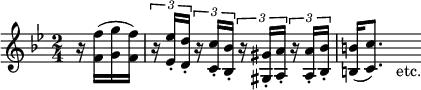 { \relative f'' { \key bes \major \time 2/4 \partial 4
r16 <f f,>^( <g g,> <f f,>) |
\tuplet 3/2 8 { r16 <ees ees,>_. <d d,>_. r <c c,>_. <bes bes,>_.
r <gis gis,>_. <a a,>_. r <a a,>_. <bes bes,>_. } |
<b b,>16( <c c,>8.) s16_"etc." } }