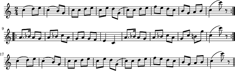{ \time 2/4 \key c \major \relative c'' {
\repeat volta 2 { c4( d8) e | c4( b8) g |
c c d e | c e d g,( | c) c d e | %end line 1
f e d c | b g a b | c4( c'8) r }
\repeat volta 2 { a,8. bes16 a8 g | a bes c a | %end line 2
g a g f | e4 c | a'8. bes16 a8 g | a bes c a | g c b! g' |
c,4( c'8) r } %end line 3
c,4( d8) e | c4( b8) g | c c d e | c e d g,( | c) c d e | %end 4
f e d c | b g a b | c4( c'8) r \bar "||" } }