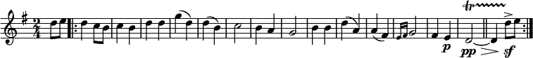 { \relative d'' { \key g \major \time 2/4 \override Score.BarNumber #'break-visibility = #'#(#f #f #f) \partial 4
d8 e \repeat volta 2 {
d4 c8 b | c4 b | d d | g( d) | d( b) | c2 | b4 a | %end line 1
g2 b4 b | d( a) | a( fis) \grace { e16 fis } g2 |
fis4 e\p d2\pp\>\startTrillSpan ~ \bar "||" d4( d'8\sf\stopTrillSpan-> e } } }