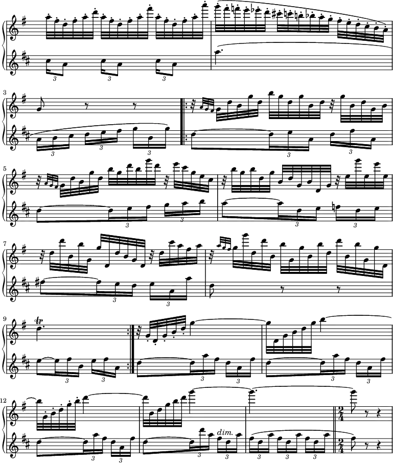 
\new GrandStaff <<
  \new Staff = "flute" \with {midiInstrument = "flute"} \relative c'' {
    \key g \major
    \time 3/8
    \override Staff.TimeSignature.color = #white
    \override Staff.TimeSignature.layer = #-1
    \override TupletBracket.bracket-visibility = ##f
    \omit TupletNumber
    \autoBeamOff
    \tuplet 3/2 8 {a'32[\staccato fis\staccato d\staccato fis\staccato a\staccato d]\staccato
                    a[\staccato fis\staccato d\staccato fis\staccato a\staccato fis']\staccato
                    a,[\staccato fis\staccato d\staccato fis\staccato a\staccato a']\staccato}
    \tuplet 3/2 8 {g([\staccato fis\staccato f\staccato e\staccato ees\staccato d]\staccato
                    cis[\staccato c\staccato b!\staccato bes\staccato a\staccato g]\staccato
                    fis[\staccato e\staccato d\staccato c\staccato b\staccato a)]\staccato}
    g8 r r
    \repeat volta 2 {
      \tuplet 3/2 8 {r32 \grace {a32[ g fis]} g[ d' b g' d] b'[ g d g b, d] r g[ b, d g, b]}
      \tuplet 3/2 8 {r \grace {a32[ g fis]} g[ d' b g' d] b'[ g d' b g' d] r e[ c g e c]}
      \tuplet 3/2 8 {r b'[ g b d, g] b,[ d g, b d, g] r e'[ g' e, e' e,]}
      \tuplet 3/2 8 {r d[ d' b, b' g,] g'[ d, d' b g d] r d'[ c' a fis a]}
      \tuplet 3/2 8 {r \grace {a32[ g fis]} g[ g' d, d' b,] b'[ g, g' b, b' d,] d'[ b, b' g, g' d,]}
      d'4.\trill
    }
    \tuplet 3/2 8 {r32 g,[\staccato d\staccato g\staccato b\staccato d\staccato]} g4~
    \tuplet 3/2 8 {g32[ d, g b d g]} b4~
    \tuplet 3/2 8 {b32[ g,\staccato b\staccato d\staccato g\staccato b\staccato]} d4~
    \tuplet 3/2 8 {d32[ b, d g b d]} g4~
    g4.~ \bar "||"
    \revert Staff.TimeSignature.color
    \revert Staff.TimeSignature.layer
    \time 2/4
    g8 r r4
  }
  \new Staff = "cor anglais" \with {midiInstrument = "english horn"} \relative c'' {
    \transposition f
    \key d \major
    \time 3/8
    \override Staff.TimeSignature.color = #white
    \override Staff.TimeSignature.layer = #-1
    \override TupletBracket.bracket-visibility = ##f
    \autoBeamOff
    \tuplet 3/2 8 {cis16[ a8] cis16[ a8] cis16[ a8]}
    a'4.(
    \tuplet 3/2 8 {a,16[ b cis] d[ e fis] g[ b, g')]}
    \repeat volta 2 {
      d8[~ \tuplet 3/2 8 {d16 e a,] d[ fis a,]}
      d8[~ \tuplet 3/2 8 {d16 e fis] g[ a b]}
      a8[~ \tuplet 3/2 8 {a16 d, e] f[ d e]}
      fis!8[~ \tuplet 3/2 8 {fis16 e d] e[ a, a']}
      d,8 r r
      e8[~ \tuplet 3/2 8 {e16 fis b,] e[ fis a,]}
    }
    d8[~ \tuplet 3/2 8 {d16 a' fis] d[ a fis']}
    d8[~ \tuplet 3/2 8 {d16 a' fis] d[ a fis']}
    d8[~ \tuplet 3/2 8 {d16 a' fis] d[ a fis']}
    d8[~ \tuplet 3/2 8 {d16 d' a] fis[^\markup {\italic "dim."} d a']}
    \tuplet 3/2 8 {fis([ d a'] fis[ d a'] fis[ d a']} \bar "||"
    \revert Staff.TimeSignature.color
    \revert Staff.TimeSignature.layer
    \time 2/4
    fis8) r r4
  }
>>
