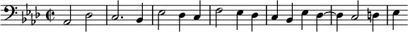 { \relative a, { \clef bass \key aes \major \time 2/2
 aes2 des | c2. bes4 | ees2 des4 c | f2 ees4 des |
 c bes ees des ~ | des c2 d4 | ees } }