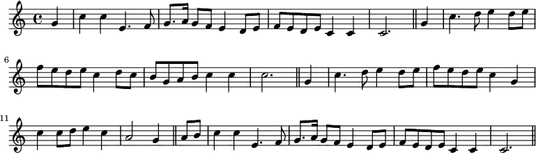 { \time 4/4 \key c \major \partial 4 \relative g' { g4 c c e,4. f8 | g8. a16 g8 f e4 d8 e | f e d e c4 c | c2. \bar "||" g'4 | c4. d8 e4 d8 e | f e d e c4 d8 c | b g a b c4 c | c2. \bar "||" g4 | c4. d8 e4 d8 e | f e d e c4 g | c c8 d e4 c | a2 g4 \bar "||" a8 b | c4 c e,4. f8 | g8. a16 g8 f e4 d8 e | f e d e c4 c | c2. \bar "||" } }