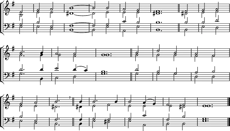
\new ChoirStaff <<
  \new Staff { \clef treble \time 2/2 \key e \minor \partial 2 \set Staff.midiInstrument = "church organ" \omit Staff.TimeSignature \set Score.tempoHideNote = ##t \override Score.BarNumber  #'transparent = ##t
  \relative c'
  << { e2 | g a | b1 ~ | 2 2 | a g | \time 4/2 fis1. \bar"||" 2 | \time 2/2 g a \break
       b2. 4 | a2 a | \time 4/2 g1. \bar"||" b2 | \time 2/2 d b | a fis \break
       g a | b2. \breathe \bar"||" 4 | 2. 4 | 2 a4( g) | fis2 2 | \time 4/2 e1. \bar"|." } \\
  { b2 | e e | dis1 ~ | 2 e | e e | dis1. dis!2 | e fis
    g2. 4 | 2 fis | g1. 2 | 2 2 | fis fis
    e e | dis2. dis!4 | e2 fis | e e | e dis | e1. } >>
  }
\new Staff { \clef bass \key e \minor \set Staff.midiInstrument = "church organ" \omit Staff.TimeSignature 
  \relative c'
  << { g2 | b e, | fis1 ~ | 2 g | c b | b1. 2 | 2 d 
       d2. 4 | e2 d4( c) | b1. d2 | b g | a b
       b e, | fis2. 4 | g2 fis | g c | fis, b | g1. } \\
  { e2 | 2 c | b1 ~ | 2 e | a, e' | b1. 2 | e d
    g2. b,4 | c2 d | g1. 2 | 2 2 | d d 
    e c | b2. 4 | e2 dis | e a, | b b | e1. } >>
  } 
>>
\layout { indent = #0 }
\midi { \tempo 2 = 69 }
