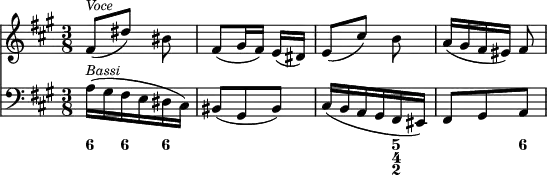 { \override Score.Rest #'style = #'classical \time 3/8 << { \new Voice = "voce" \clef treble \key a \major { fis'8([^\markup { \small \italic Voce } dis'')] bis' | fis'([ gis'16 fis')] e'( dis') | e'8([ cis'')] b' | a'16([ gis' fis' eis')] fis'8 } } 
\new Lyrics \lyricsto "voce" { dir ge -- bäh -- ren treu -- er Je -- su }
\new Staff { \clef bass \key a \major { a16(^\markup { \small \italic Bassi } gis fis e dis cis) | bis,8( gis, bis,) | cis16( b, a, gis, fis, eis,) | fis,8 gis, a, } }
\figures { < 6 >8 < 6 >8 < 6 >8 < _ >4. < _ >4 <5 4 2>8 < _ >4 < 6 >8 }
>> }