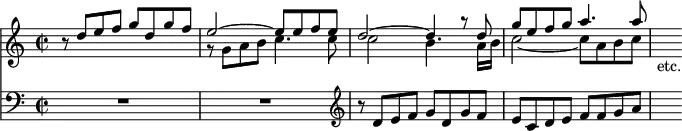 << \new Staff { \time 2/2 << \new Voice \relative d'' { \stemUp r8 d e f g d g f e2 ^~ e8 e f e | d2 ^~ d4 r8 d | g e f g a4. a8 | s_"etc." }
\new Voice \relative g' { \stemDown s1 | r8 g a b c4. c8 | c2 b4. a16 b | c2 _~ c8 a b c } >> }
\new Staff { \clef bass \relative d' { R1*2 \clef treble r8 d e f g d g f | e c d e f f g a | s } } >>