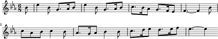 { \time 6/8 \key ees \major \partial 8 \relative b' { bes8 | ees4 bes8 g8. aes16 bes8 | ees4 bes8 g8. aes16 bes8 c8. bes16 aes8 g8. f16 ees8 | f4. ~ f4 bes8 | c aes bes c4 bes8 | aes8. g16 aes8 bes4 bes8 | c8. d16 ees8 d8. ees16 f8 | ees4. ~ ees4 } }