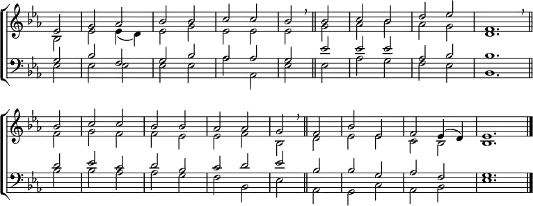 
\new ChoirStaff <<
  \new Staff { \clef treble \time 2/2 \key es \major \partial 2 \set Staff.midiInstrument = "church organ" \omit Staff.TimeSignature \set Score.tempoHideNote = ##t \override Score.BarNumber  #'transparent = ##t 
  \relative c'
  << { es2 | g aes | bes bes | c c | bes \breathe \bar"||" bes | c bes | d es | \time 4/2 f,1. \breathe \bar"||" \break
       bes2 | \time 2/2 c c | bes bes | aes aes | g \breathe \bar"||" f | bes es, | f es4( d) | \time 6/2 es1. \bar"|." } \\
  { bes2 | es2 es4( d) | es2 g | es es | es g | aes bes | aes g | d1.
    f2 | g f | f es | es f | bes, d | es es | c bes | bes1. } >>
  } 
\new Staff { \clef bass \key es \major \set Staff.midiInstrument = "church organ" \omit Staff.TimeSignature \override Staff.NoteHead.style = #'altdefault
  \relative c'
  << { g2 | bes f | g bes | aes aes | g es' | es es | aes, bes | bes1.
       d2 | es c | d bes | c d | es bes | bes g | aes f | g1. } \\
  { es2 | es es | es es | aes aes, | es' es | aes g | f es | bes1.
    bes'2 | bes aes | aes g | f bes, | es aes, | g c | aes bes | es1. } >>
  } 
>>
\layout { indent = #0 }
\midi { \tempo 2 = 80 }
