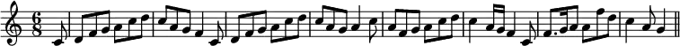 { \override Score.BarNumber #'break-visibility = #'#(#f #f #f) \time 6/8 \partial 8 \relative c' {
c8 | d f g a c d | c a g f4 c8 | d f g a c d | %eol 1
c a g a4 c8 | a f g a c d | c4 a16 g f4 c8 | %eol 2
f8. g16 a8 a f' d | c4 a8 g4 \bar "||" } }