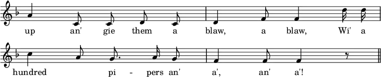 {
\override Staff.TimeSignature #'stencil = ##f
\override Score.BarNumber #'stencil = ##f
\time 6/8
\key f \major
\relative c' {
\autoBeamOff
a'4 c,8 c8 d8 c8 | d4 f8 f4 d'16 d16 | \break
c4 a8 g8. a16 g8 | f4 f8 f4 r8 \bar "||"
}
\addlyrics {
up an' gie them a | blaw, a blaw, Wi' a | \break
hundred4 \skip4 pi -- pers an' | a', an' a'!
}
}
