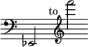 \new Staff { \override Score.TimeSignature #'stencil = ##f \clef bass \time 8/2 ees,2 s1^"to" s \clef treble f'''2 }