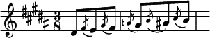 { \time 3/8 \key b \major \relative d' { dis8 \acciaccatura fis8 e \acciaccatura gis8 fis | \acciaccatura a8 gis8 \acciaccatura b8 ais8 \acciaccatura cis8 b | s } }