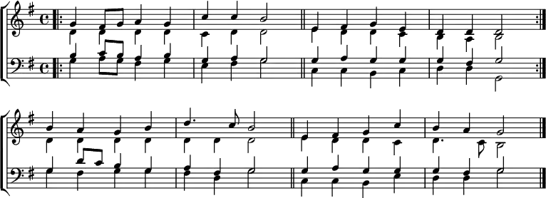 
{ \new ChoirStaff <<
  \new Staff << 
    \new Voice \relative c'' { \set Score.tempoHideNote = ##t \override Score.BarNumber  #'transparent = ##t \tempo 4 = 96 \voiceOne \clef treble \key g \major \time 4/4
  \bar".|:" g4 fis8 g a4 g | c c b2 \bar"||" e,4 fis g e | d d d2 \bar":|." \break
  b'4 a g b | d4. c8 b2 \bar"||" e,4 fis g c | b a g2 \bar "|." 
 } 
    \new Voice \relative c' { \voiceTwo 
  d4 d d d | c d d2 | e4 d d c | b a b2 |
  d4 d d d | d d d2 | e4 d d c | d4. c8 b2
 } 
  >>
  \new Staff <<
    \new Voice \relative c' { \clef bass \key g \major \time 4/4 \voiceOne
  b4 c8 b a4 b | g a g2 | g4 a g g | g fis g2
  g4 d'8 c b4 g | a fis g2 | g4 a g g | g fis g2 
 }
    \new Voice \relative c' { \voiceTwo 
  g4 a8 g fis4 g | e fis g2 | c,4 c b c | d d g,2
  g'4 fis g g | fis d g2 | c,4 c b e | d d g2
 } 
>> >> }
