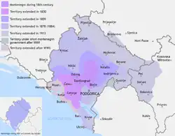 Expansion of Montenegro: the region of Old Montenegro represented in the darkest shade (18th century)